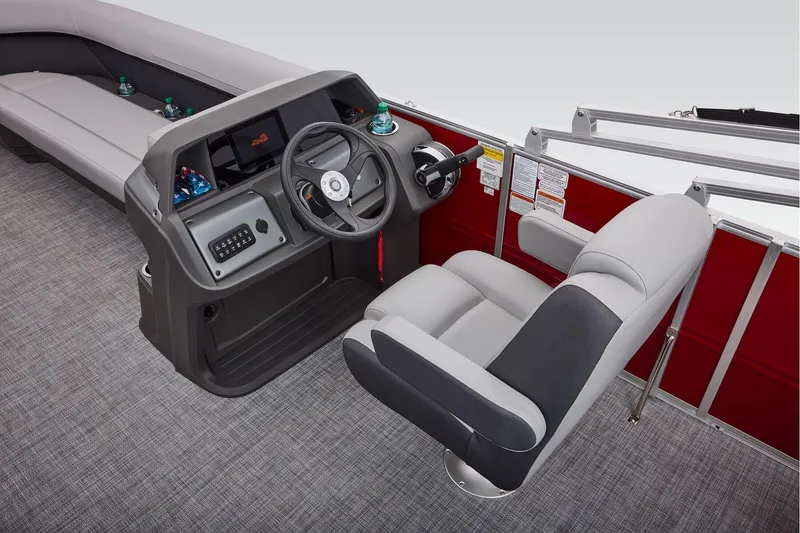Slide: The Image of Manufacturer Provided Image: 2026 Sun Tracker Party Barge 18 DLX interior with steering console and seating. - 41