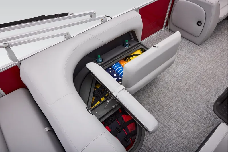 Slide: The Image of Manufacturer Provided Image: 2026 Sun Tracker Party Barge 18 DLX interior storage with seating and accessories. - 53