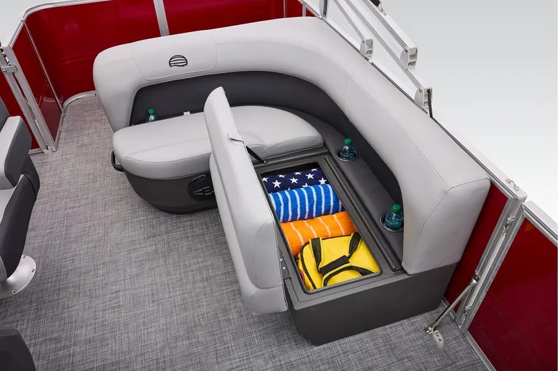 Slide: The Image of Manufacturer Provided Image: 2026 Sun Tracker Party Barge 18 DLX interior with storage, towels, and drinks. - 54