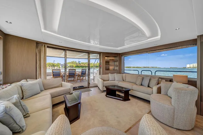 Slide: The Image of Luxurious Sunseeker 86 Yacht 2021 interior with elegant seating and ocean view. - 14