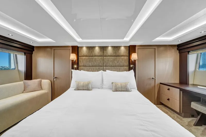 Slide: The Image of Luxurious bedroom interior of 2021 Sunseeker 86 Yacht with elegant furnishings and ambient lighting. - 35