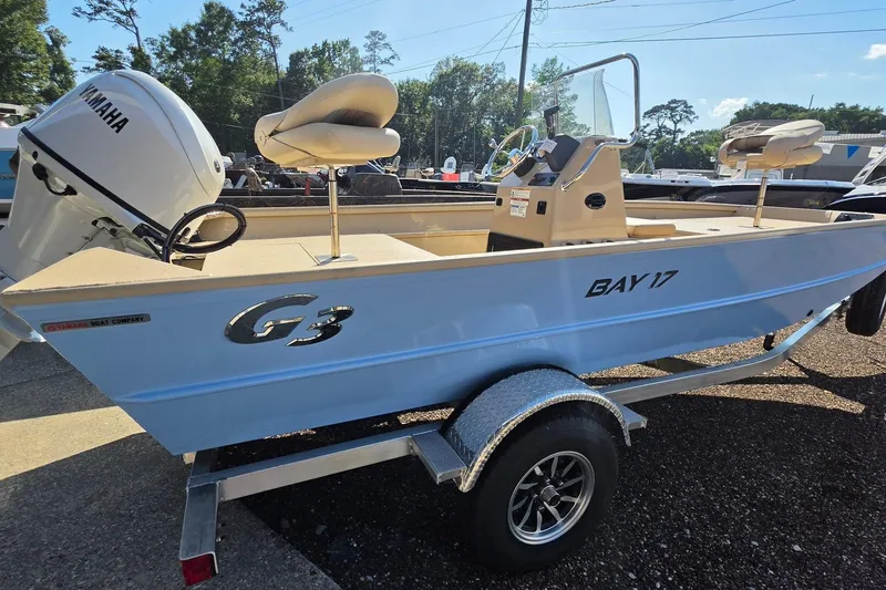 Slide: The Image of Man fishing on a G3 Bay 17 boat, wearing sunglasses and a life vest, 2026 model. - 22