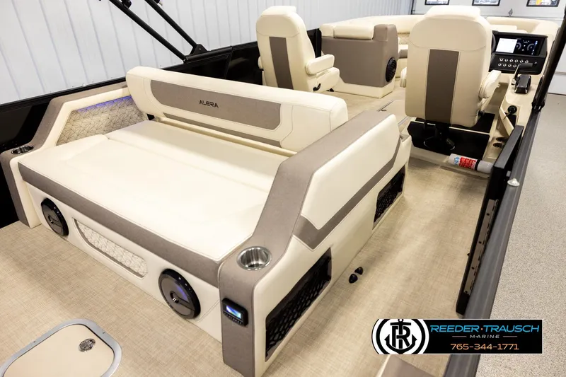 Slide: The Image of Luxurious interior of 2026 Alera M23L boat with plush seating and modern design. - 12