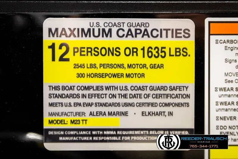 Slide: The Image of Alera M23L 2026 boat capacity label: 12 persons or 1635 lbs, 300 horsepower motor. - 63