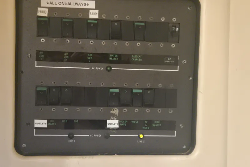 Slide: The Image of Electrical control panel on a 1997 Sunseeker Manhattan 48 yacht. - 73