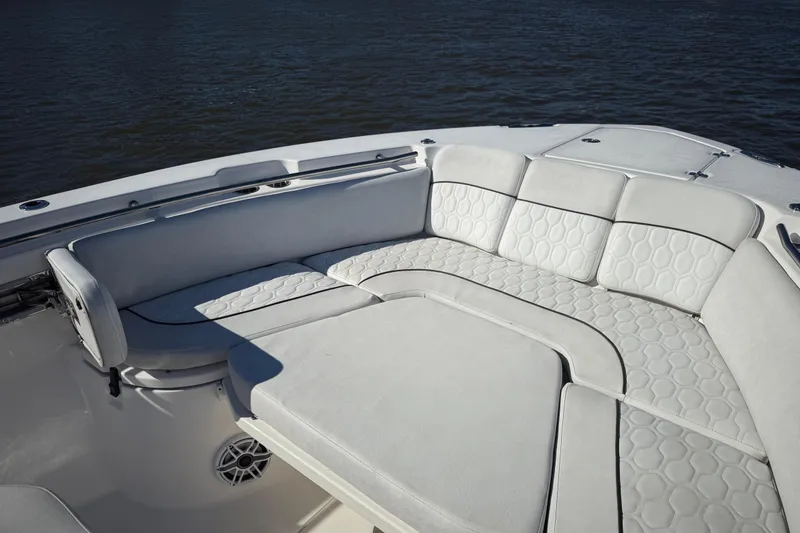 Slide: The Image of Luxurious seating on 2022 Sea Fox 288 Commander boat, featuring elegant upholstery design. - 25