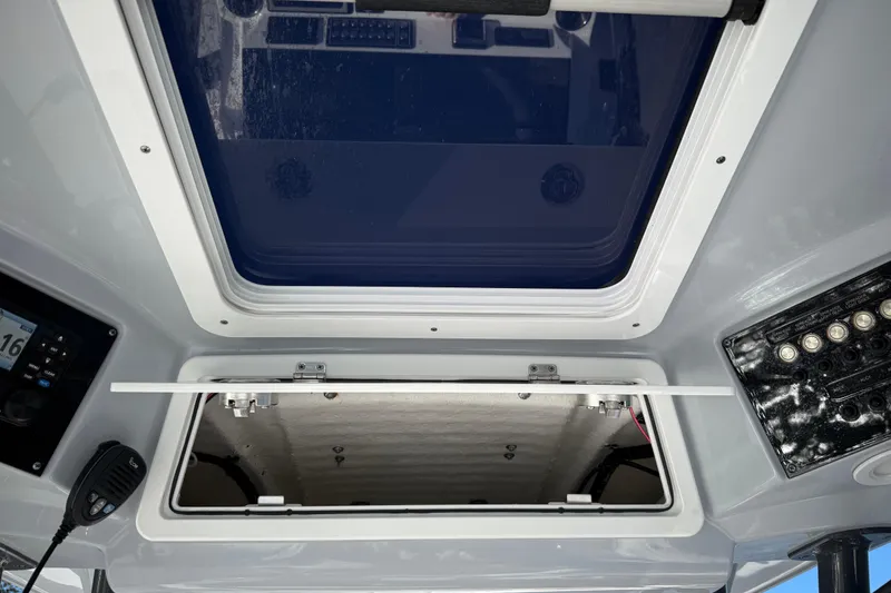Slide: The Image of Interior view of 2022 Sea Fox 288 Commander boat's hatch and control panel. - 42