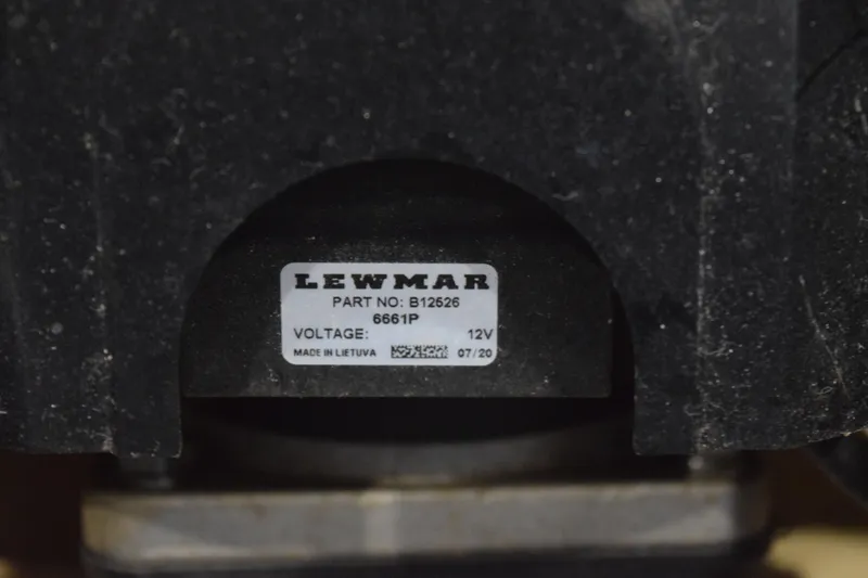 Slide: The Image of Close-up of Lewmar part label on 2021 Regal 26 XO boat component. - 160