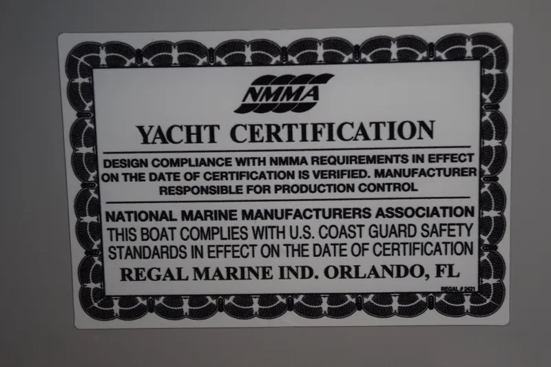 Slide: The Image of Yacht certification label for 2021 Regal 26 XO, NMMA compliance, Orlando, FL. - 177