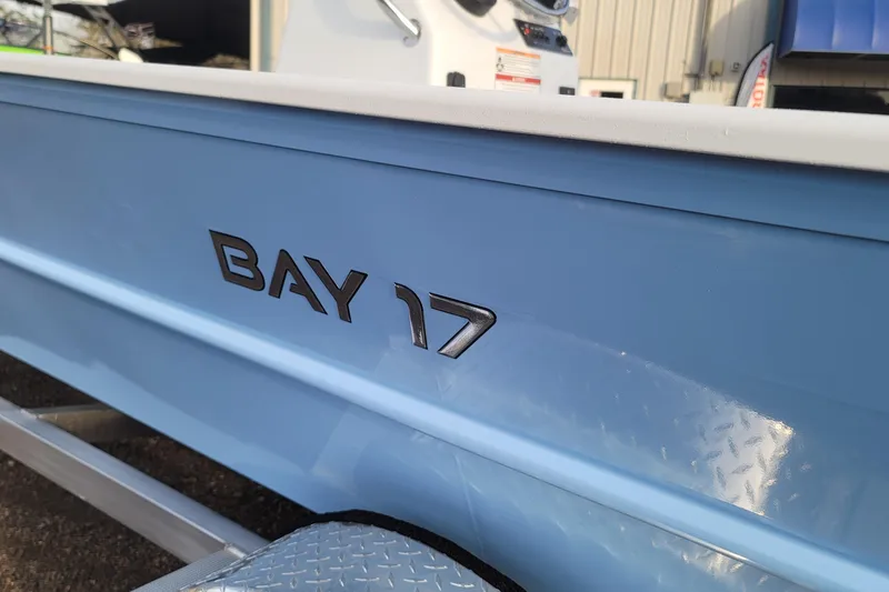 Slide: The Image of 2026 G3 Bay 17 boat in light blue, side view with logo. - 28