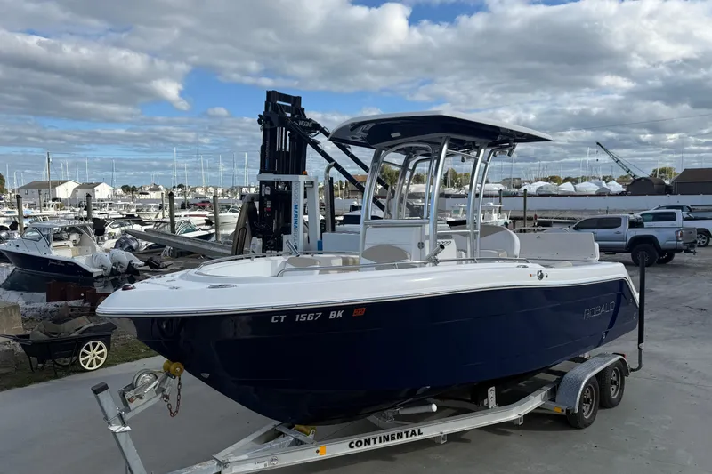 The Image of 2018 Robalo R222 Explorer boat on trailer at marina, cloudy sky background. - 0