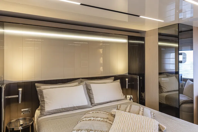 Slide: The Image of Luxurious bedroom interior of 2026 Cranchi Sessantasette 67 yacht with modern design. - 66