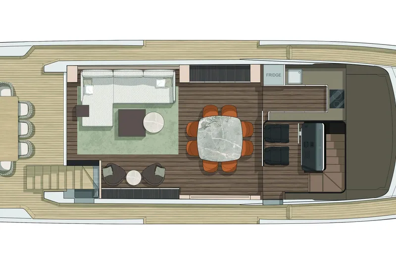 Slide: The Image of Floor plan of 2026 Cranchi Sessantasette 67 yacht, featuring living and dining areas. - 81