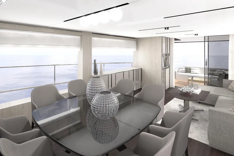 Slide: The Image of Luxurious interior of 2026 Cranchi Sessantasette 67 yacht with elegant dining and lounge area. - 87