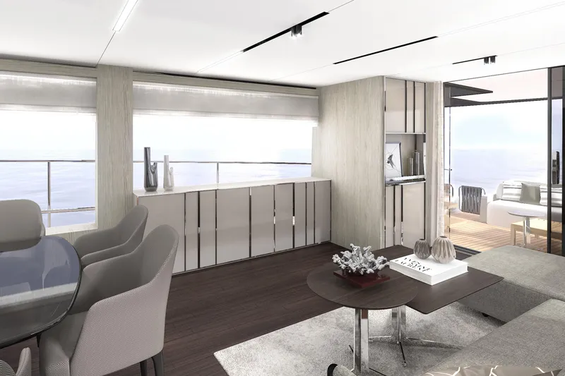Slide: The Image of Luxurious interior of 2026 Cranchi Sessantasette 67 yacht with modern decor and ocean view. - 88