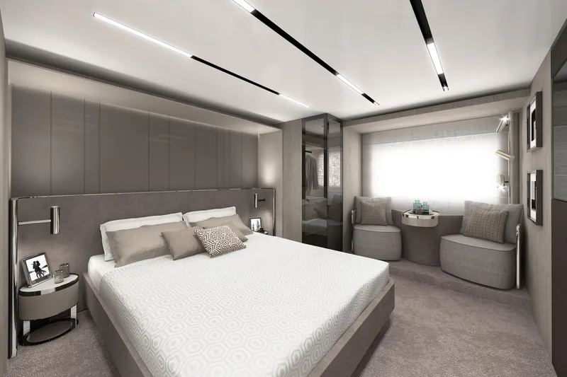 Slide: The Image of Luxurious bedroom interior of 2026 Cranchi Sessantasette 67 yacht, featuring modern design and elegant furnishings. - 90