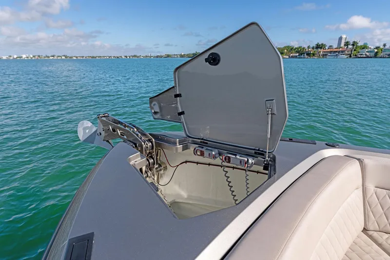 Slide: The Image of Vanquish Yachts VQ40 2022 model, open hatch detail on calm water. - 27