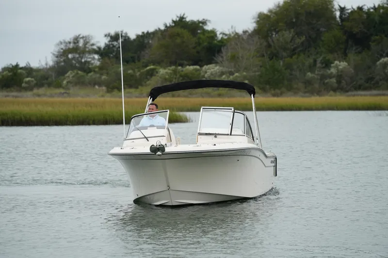 Slide: The Image of 2022 Grady-White Freedom 235 boat cruising on a calm lake with lush greenery. - 5