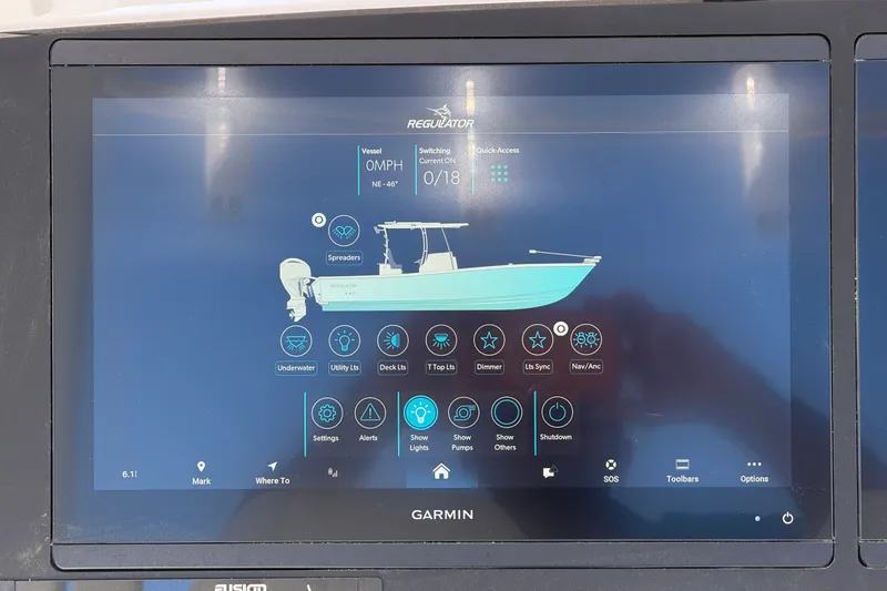 Slide: The Image of Garmin display on 2025 Regulator 30XO boat showing navigation and control interface. - 32
