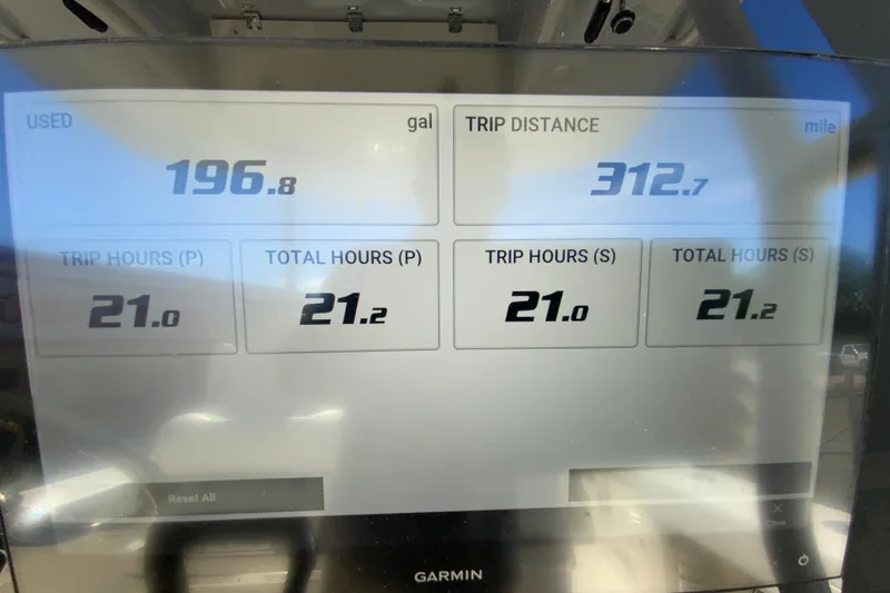 Slide: The Image of Display screen showing trip data for 2025 Cobia 285 Open Center Console boat. - 28