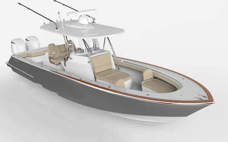 Slide: The Image of 2025 Valhalla Boatworks V-33, sleek design, dual engines, spacious deck, modern features. - 2