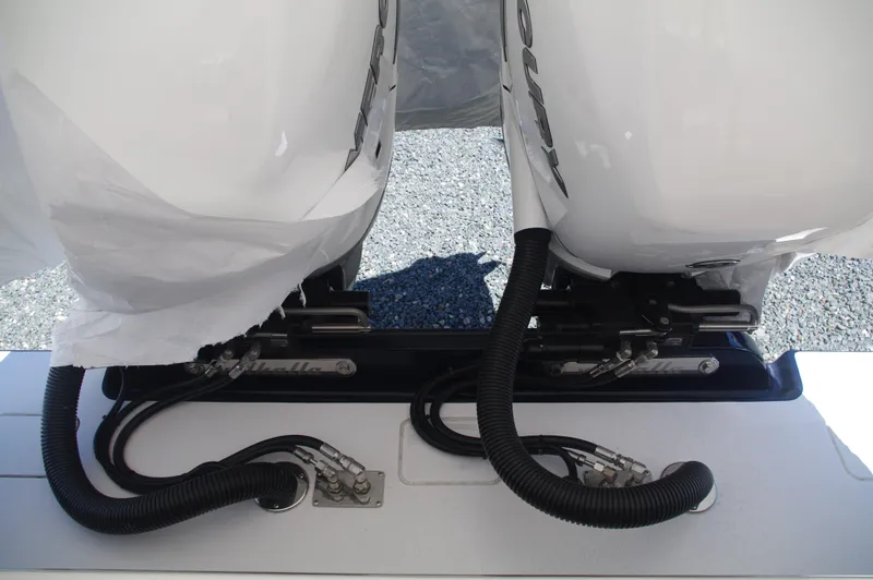 Slide: The Image of 2025 Valhalla Boatworks V-33 twin outboard engines close-up. - 38