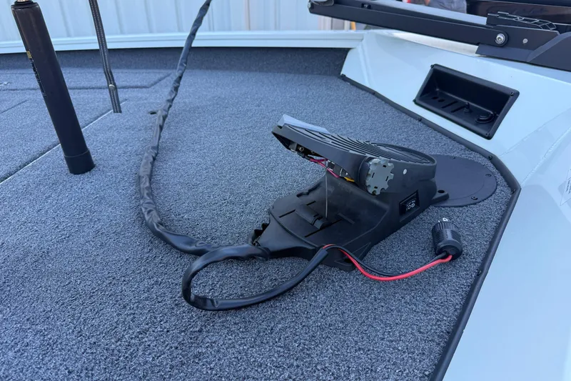 Slide: The Image of 2018 Lowe Stinger 175C boat deck with electronic equipment and wiring. - 16