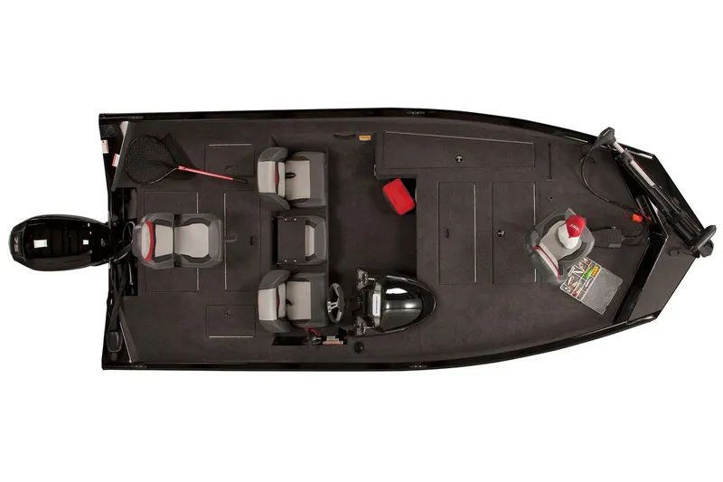 Slide: The Image of Manufacturer Provided Image: 2018 Lowe Stinger 175C fishing boat, top view, black interior, equipped with seats and fishing gear. - 4