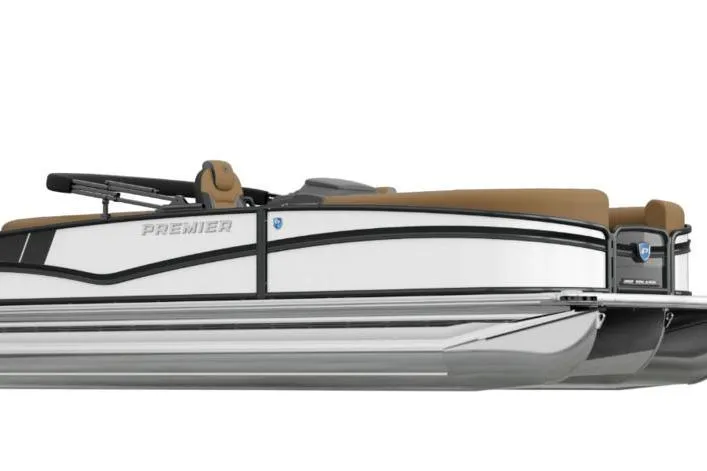The Image of 2026 Premier 230 Solaris pontoon boat, sleek design, white and tan color scheme. - 1