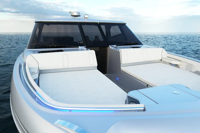 Slide: The Image of 2025 Harris-Kayot 41 luxury boat with spacious seating on open water. - 10