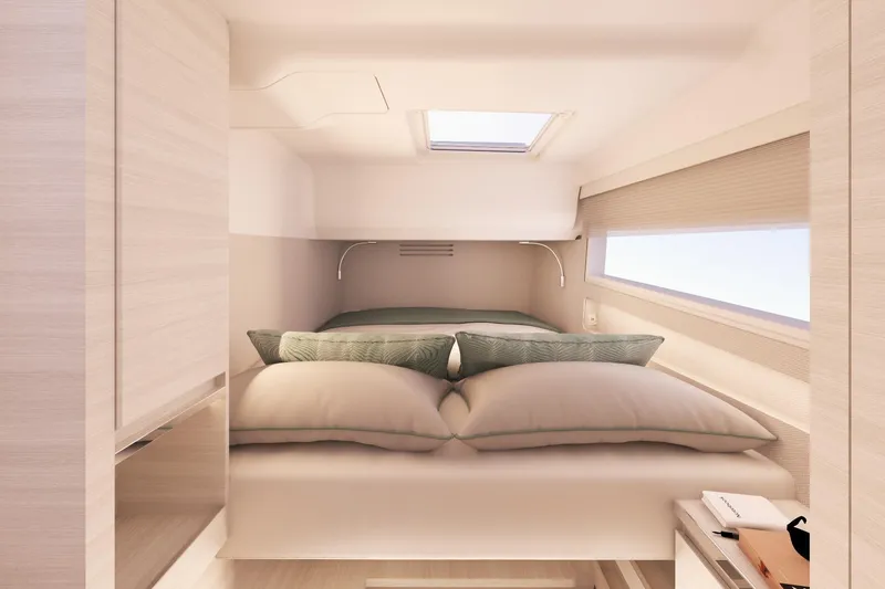 Slide: The Image of Luxurious cabin interior of 2025 Harris-Kayot 41 yacht with cozy bedding and modern design. - 14
