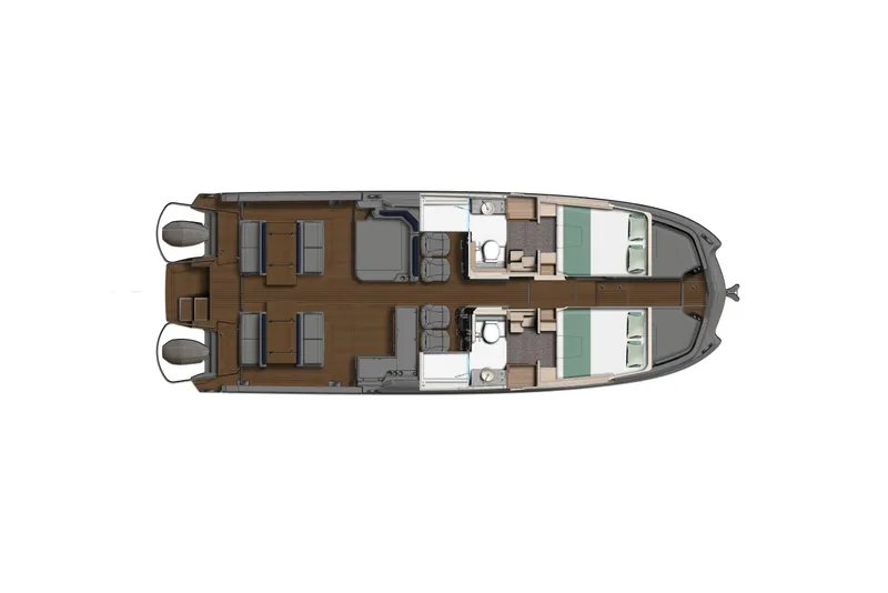 Slide: The Image of Top view of 2025 Harris-Kayot 41 boat layout with dual engines and spacious interior. - 19