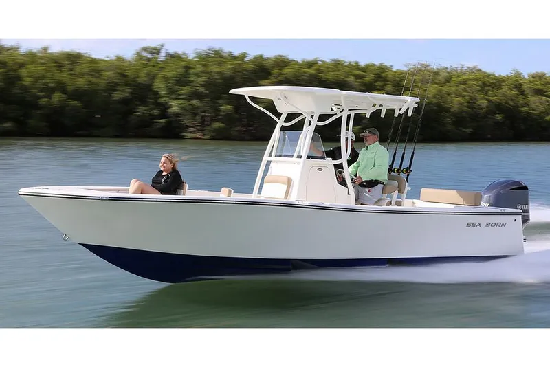 Slide: The Image of 2026 Sea Born LX24 Center Console boat with dual engines and cushioned seating. - 3