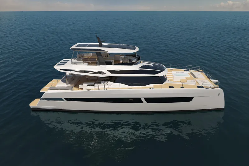 Slide: The Image of Luxurious 2027 Fountaine Pajot FPY 70 yacht cruising on open sea. - 2
