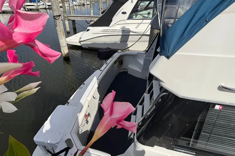 Slide: The Image of Cozy sleeping area in 1993 Carver 350 Voyager with nautical-themed bedding and storage drawers. - 4