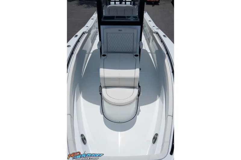 Slide: The Image of 2026 Sea Hunt Gamefish 30 Coffin Box boat interior, featuring sleek white seating and spacious design. - 20