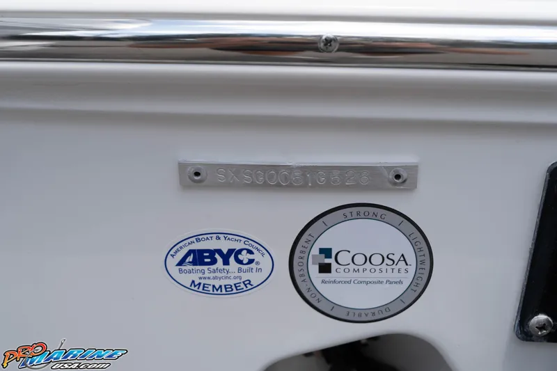 Slide: The Image of 2026 Sea Hunt Gamefish 30 Coffin Box with ABYC and Coosa Composites labels. - 24
