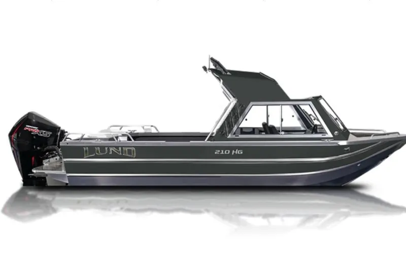 Slide: The Image of 2026 Lund 210 Heavy Gauge boat, side view, sleek design, powerful outboard motor. - 35