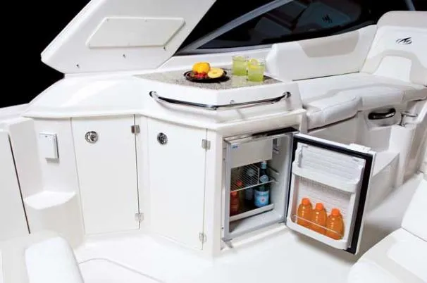 Slide: The Image of 2016 Monterey 295 Sport Yacht on stands, outdoors, with trees in background. - 4