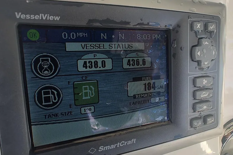 Slide: The Image of SmartCraft VesselView display on 2012 Boston Whaler 280 Outrage showing fuel and engine status. - 54