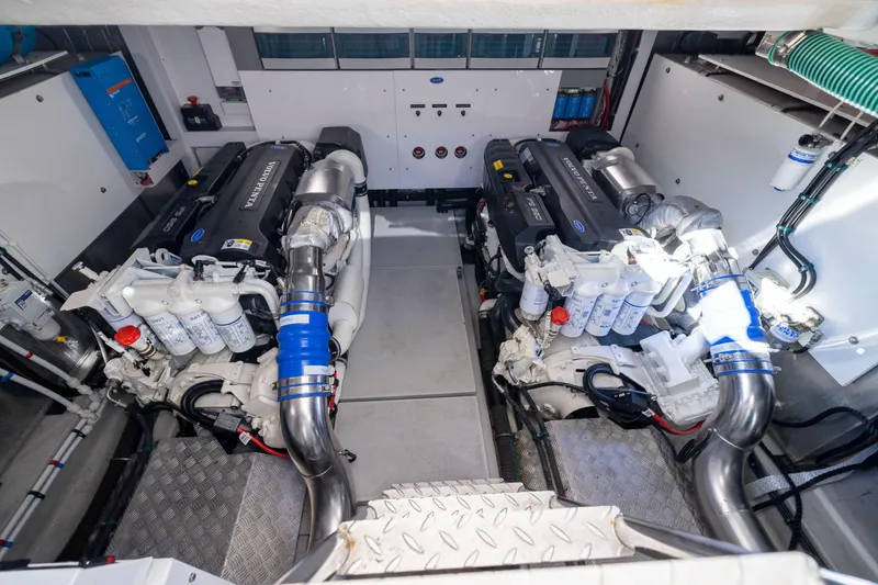 Slide: The Image of Engine room of 2018 Sunseeker Manhattan 52 yacht, featuring dual Volvo Penta engines. - 76