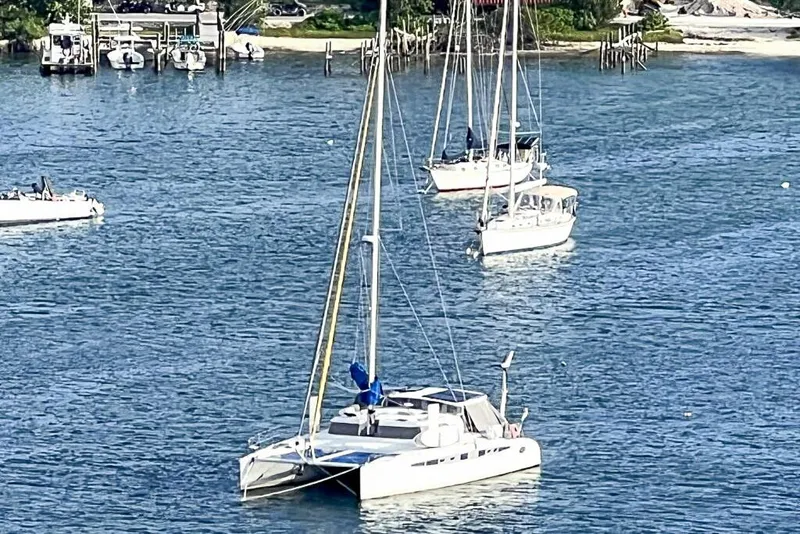 The Image of Sailboats anchored in a serene harbor, featuring a 2006 Dolphin 460 catamaran. - 0