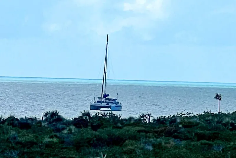 Slide: The Image of Sailboat Dolphin 460, 2006 model, on calm ocean near lush green coastline. - 2