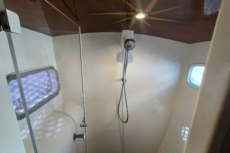 Slide: The Image of Shower area in 2006 Dolphin 460 boat, featuring modern fixtures and natural light. - 42