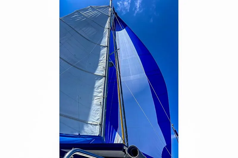 Slide: The Image of Sailboat Dolphin 460 (2006) with blue and white sails against a clear sky. - 7