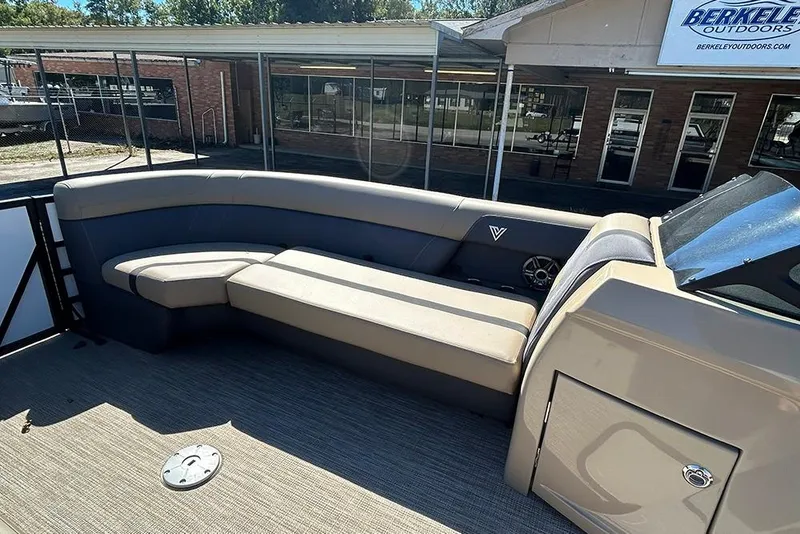 Slide: The Image of 2025 Viaggio Lago X-Q boat interior with beige seating and modern design. - 13