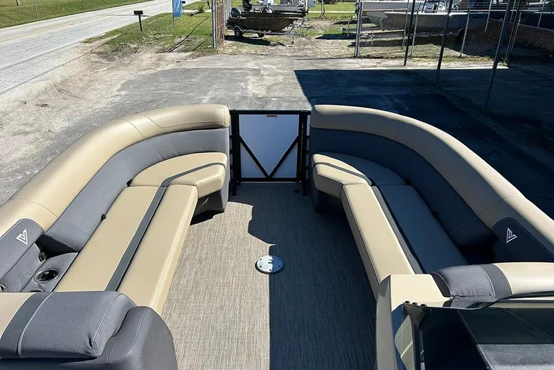 Slide: The Image of Luxurious seating on 2025 Viaggio Lago X-Q pontoon boat, featuring spacious, comfortable design. - 14