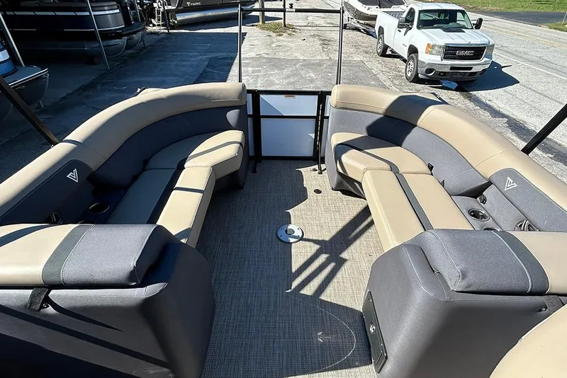 Slide: The Image of Luxurious 2025 Viaggio Lago X-Q pontoon boat interior with plush seating and modern design. - 27