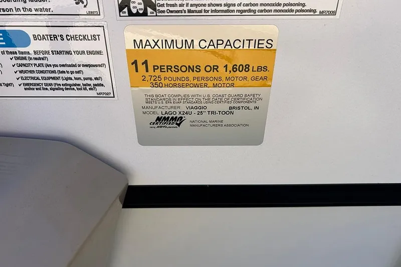 Slide: The Image of Capacity label for Viaggio Lago X-Q 2025 boat, 11 persons, 350 horsepower. - 31