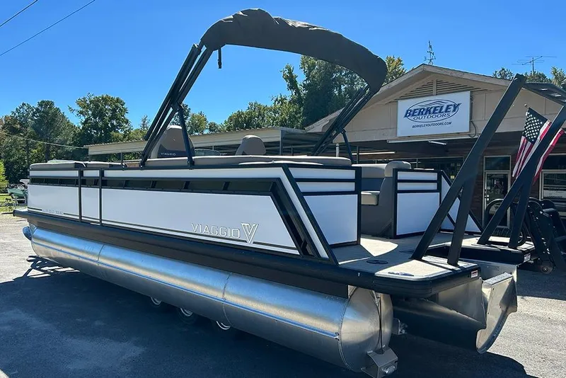 Slide: The Image of 2025 Viaggio Lago X-Q pontoon boat at Berkeley Outdoors dealership. - 7